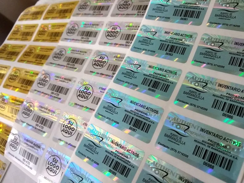 Pliegos de etiquetas holográficas con código de barras para control de activos